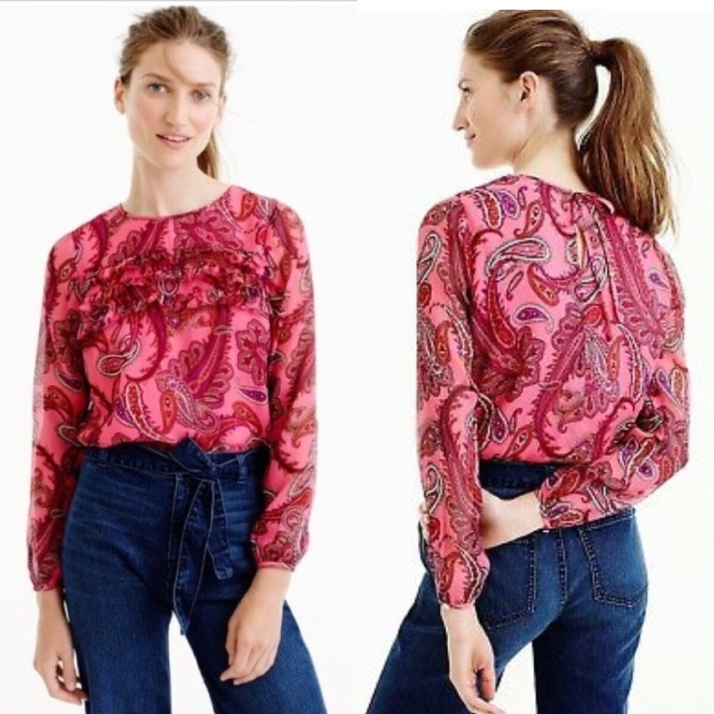 J. Crew Ruffle Chiffon Blouse in Vibrant Paisley